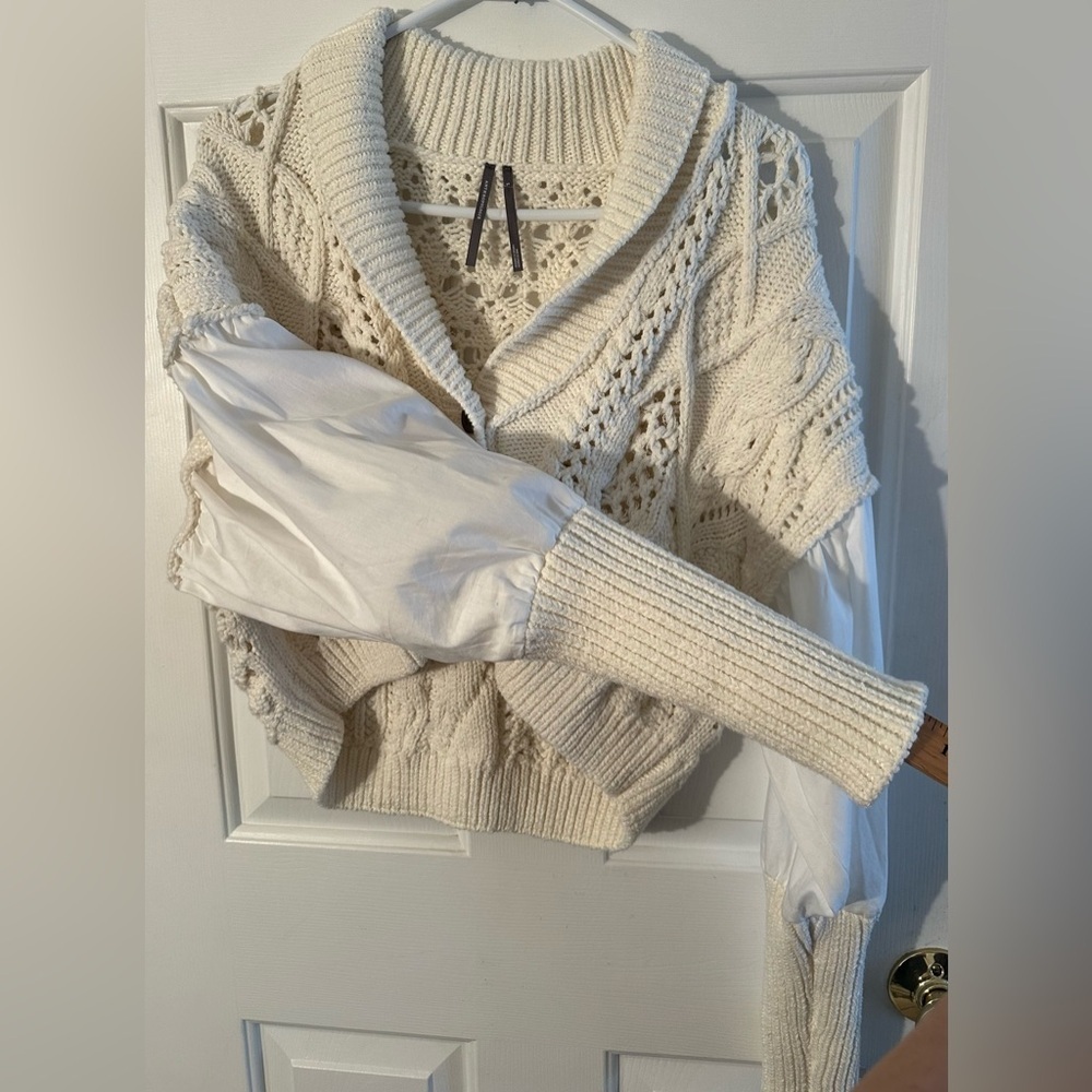 ANTHROPOLOGIE S Romantic Fisherman Poet Sleeve Crop Cable Knit Bohemian Sweater - Picture 8 of 16